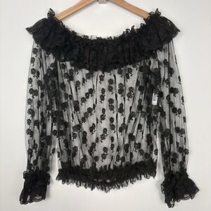 Vtg Moschino Black Floral Lace Off Shoulder Blouse Sz M Sheer Ruffle Whimsigoth